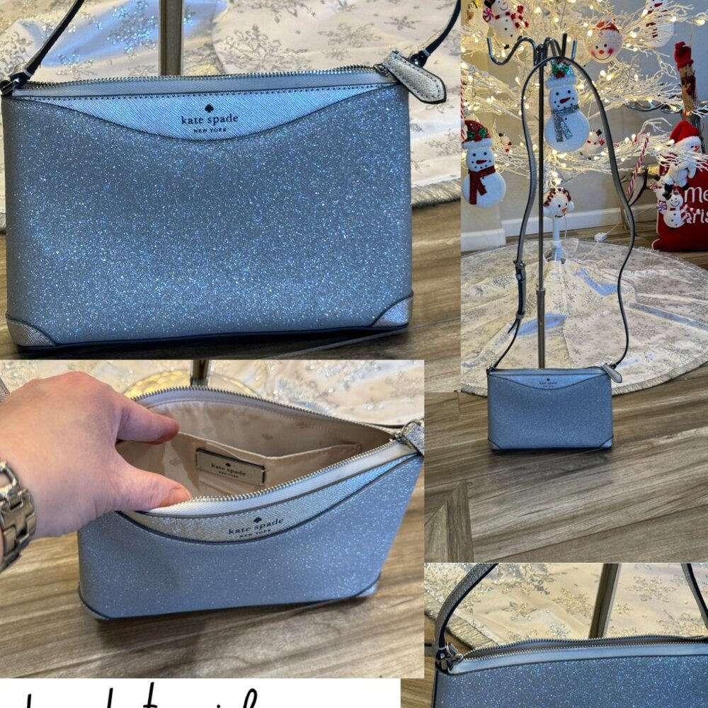 KATE SPADE CROSSBODY SHIMMY GLITTER, in "LUNAR LIGHT" (SILVER) Measures. aporox.